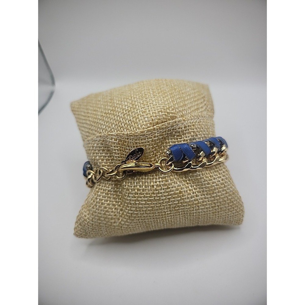 Vintage Ettika Bracelet Gold Tone‎ Chain Leather Braided Blue Purple Jewelry